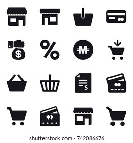 16 vector icon set : shop, basket, card, money gift, percent, crypto currency, add to cart, account balance, credit card, cart