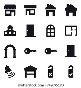 16 vector icon set : shop, home, mansion, door, arch window, plan, arch, key, bell, garage, do not distrub, please clean