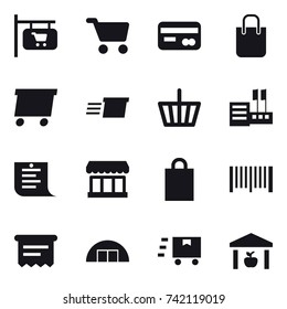 16 vector icon set : shop signboard, cart, card, shopping bag, delivery, basket, store, shopping list, market, barcode, atm receipt, hangar, warehouse