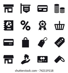 16 vector icon set : shop, shop signboard, card, coin stack, annual report, percent, medal, basket, credit card, shopping bag, label, sale label, real estate