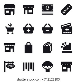 16 vector icon set : shop, money, sale, add to cart, add to basket, remove from basket, credit card, shopping bag, cashbox, store signboard