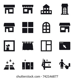 16 vector icon set : shop, cottage, building, window, arch window, flower in window, curtain, clean floor, clean  window, skyscrapers cleaning, toilet cleaning