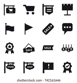 16 vector icon set : shop signboard, cart, billboard, flag, sale, message, medal, store signboard