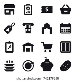 16 vector icon set : shop, report, receipt, remove from basket, column, minaret, power switch, plate washing, potato