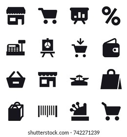 16 vector icon set : shop, cart, presentation, percent, cashbox, add to cart, wallet, remove from basket, scales, shopping bag, barcode