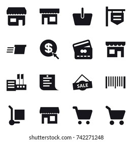 16 vector icon set : shop, basket, shop signboard, delivery, dollar arrow, credit card, store, shopping list, sale, barcode, cargo stroller, cart