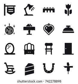16 vector icon set : shop signboard, table lamp, bridge, disco ball, restaurant, heart pendant, service bell, mirror, dresser, chair, door, rocking chair, horseshoe, scarecrow