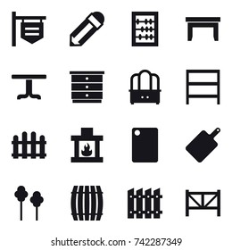 16 vector icon set : shop signboard, pencil, abacus, table, chest of drawers, dresser, rack, fence, fireplace, cutting board, trees, barrel, farm fence