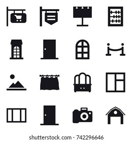 16 vector icon set : shop signboard, billboard, abacus, building, door, arch window, vip fence, landscape, curtain, dresser, window, barn