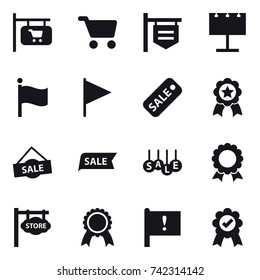 16 vector icon set : shop signboard, cart, billboard, flag, sale, medal, store signboard