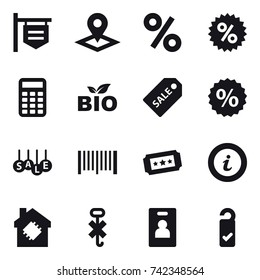 16 vector icon set : shop signboard, pointer, percent, calculator, bio, sale label, sale, barcode, ticket, info, smart house, identity card, please clean