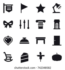 16 vector icon set : shop signboard, flag, star, table lamp, bow, equalizer, column, building, heart pendant, service bell, table, door, rocking chair, scarecrow, pumpkin