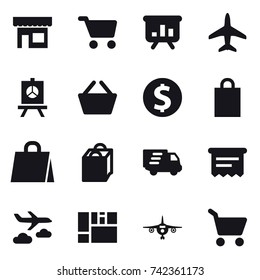 16 vector icon set : shop, cart, presentation, plane, basket, dollar coin, shopping bag, delivery, atm receipt, journey