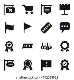 16 vector icon set : shop signboard, cart, billboard, flag, sale, message, medal