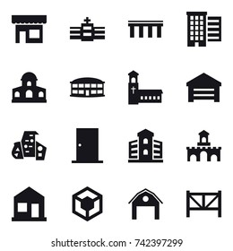 16 vector icon set : shop, bridge, houses, mansion, airport building, church, garage, modern architecture, door, building, fort, home, barn, farm fence