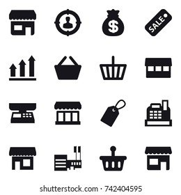 16 vector icon set : shop, target audience, money bag, sale, graph up, basket, market, market scales, label, cashbox, mall