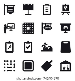 16 vector icon set : shop signboard, billboard, clipboard, presentation, cpu, store signboard, surfer, cutting board, utility room