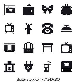 16 vector icon set : shop signboard, wallet, bow, purse, tv, windmill, service bell, wardrobe, dresser, stool, fireplace