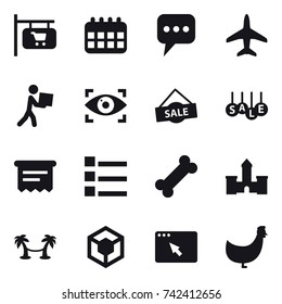 16 vector icon set : shop signboard, calendar, message, plane, courier, eye identity, sale, atm receipt, list, castle, palm hammock, chicken