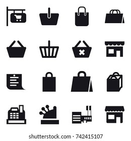 16 vector icon set : shop signboard, basket, shopping bag, delete cart, shop, shopping list, cashbox, mall