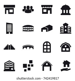 16 vector icon set : shop, group, goverment house, skyscraper, airport building, warehouse, building, pyramid, bridge, arch window, house, barn, housing