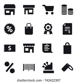 16 vector icon set : shop, cart, coin stack, percent, shopping bag, medal, account balance, receipt, shopping list, barcode, cashbox