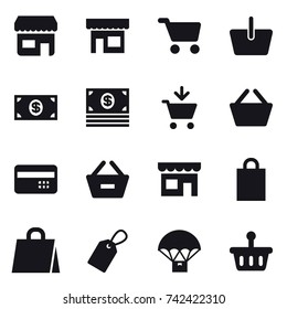 16 vector icon set : shop, cart, basket, money, add to cart, credit card, remove from basket, shopping bag, label
