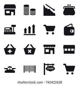 16 vector icon set : shop, coin stack, crisis, purse, cashbox, graph up, cart, wallet, add to basket, delete cart, market, scales, barcode, store signboard