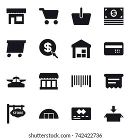 16 vector icon set : shop, cart, basket, money, delivery, dollar arrow, warehouse, credit card, scales, market, barcode, atm receipt, store signboard, hangare, package