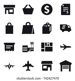 16 vector icon set : shop, basket, dollar coin, account balance, shopping bag, delivery, atm receipt, mall, plane, airplane, garage
