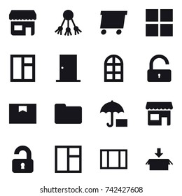 16 vector icon set : shop, share, delivery, window, door, arch window, unlock, unlocked, package
