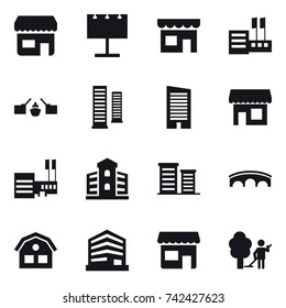 16 vector icon set : shop, billboard, store, drawbridge, skyscrapers, skyscraper, mall, building, district, bridge, house, garden cleaning
