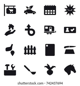 16 Vector Icon Set : Shop Signboard, Eco Car, Real Estate, Trailer, Check In, Golf, Fence, Cutting Board, Repair Tools, Ladle, Beet, Horse