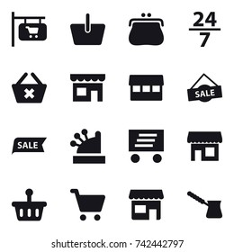 16 vector icon set : shop signboard, basket, purse, 24/7, delete cart, shop, market, sale, cashbox, delivery, turk