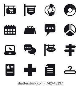 16 vector icon set : shop signboard, circle diagram, calendar, shopping bag, message, diagram, notebook, discussion, singlepost, hanger