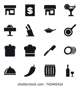 16 vector icon set : shop, receipt, cocktail, restaurant, stands for knives, pan, cook hat, chef knife, hot pepper, barrel, wine