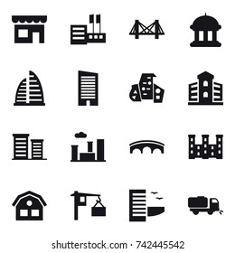 16 vector icon set : shop, store, bridge, goverment house, skyscraper, modern architecture, building, district, city, palace, house, hotel, sweeper