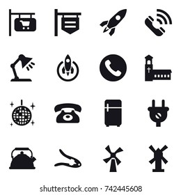 16 vector icon set : shop signboard, rocket, call, table lamp, phone, church, disco ball, fridge, kettle, walnut crack, windmill