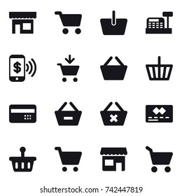 16 vector icon set : shop, cart, basket, cashbox, phone pay, add to cart, credit card, remove from basket, delete cart