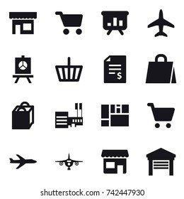 16 vector icon set : shop, cart, presentation, plane, basket, account balance, shopping bag, mall, garage