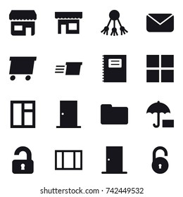 16 vector icon set : shop, share, mail, delivery, copybook, window, door, unlocked