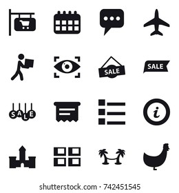 16 vector icon set : shop signboard, calendar, message, plane, courier, eye identity, sale, atm receipt, list, info, castle, panel house, palm hammock, chicken