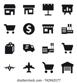 16 vector icon set : shop, billboard, presentation, cart, dollar coin, store, shopping bag, delivery, mall, plane, airplane, garage