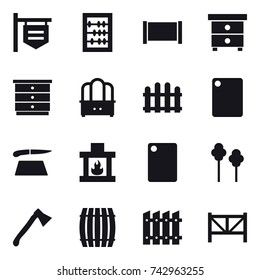 16 vector icon set : shop signboard, abacus, fence, nightstand, chest of drawers, dresser, cutting board, fireplace, trees, axe, barrel, farm fence