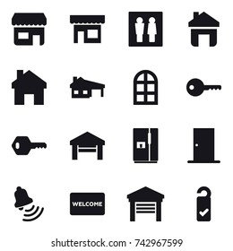 16 vector icon set : shop, wc, home, house with garage, arch window, key, garage, fridge, door, bell, welcome mat, please clean