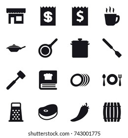 16 vector icon set : shop, receipt, hot drink, pan, spatula, meat hammer, hot pepper, barrel