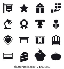 16 vector icon set : shop signboard, star, gift, table lamp, medal, column, heart pendant, table, wardrobe, dresser, crib, pumpkin