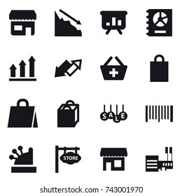 16 vector icon set : shop, crisis, presentation, annual report, graph up, up down arrow, add to basket, shopping bag, sale, barcode, cashbox, store signboard, mall