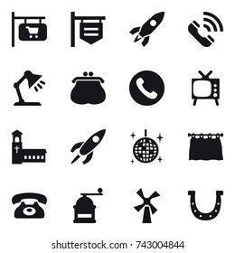 16 vector icon set : shop signboard, rocket, call, table lamp, purse, phone, tv, church, disco ball, curtain, hand mill, windmill, horseshoe