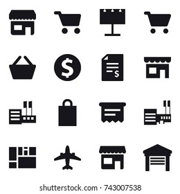 16 vector icon set : shop, cart, billboard, basket, dollar coin, account balance, store, shopping bag, atm receipt, mall, airplane, garage